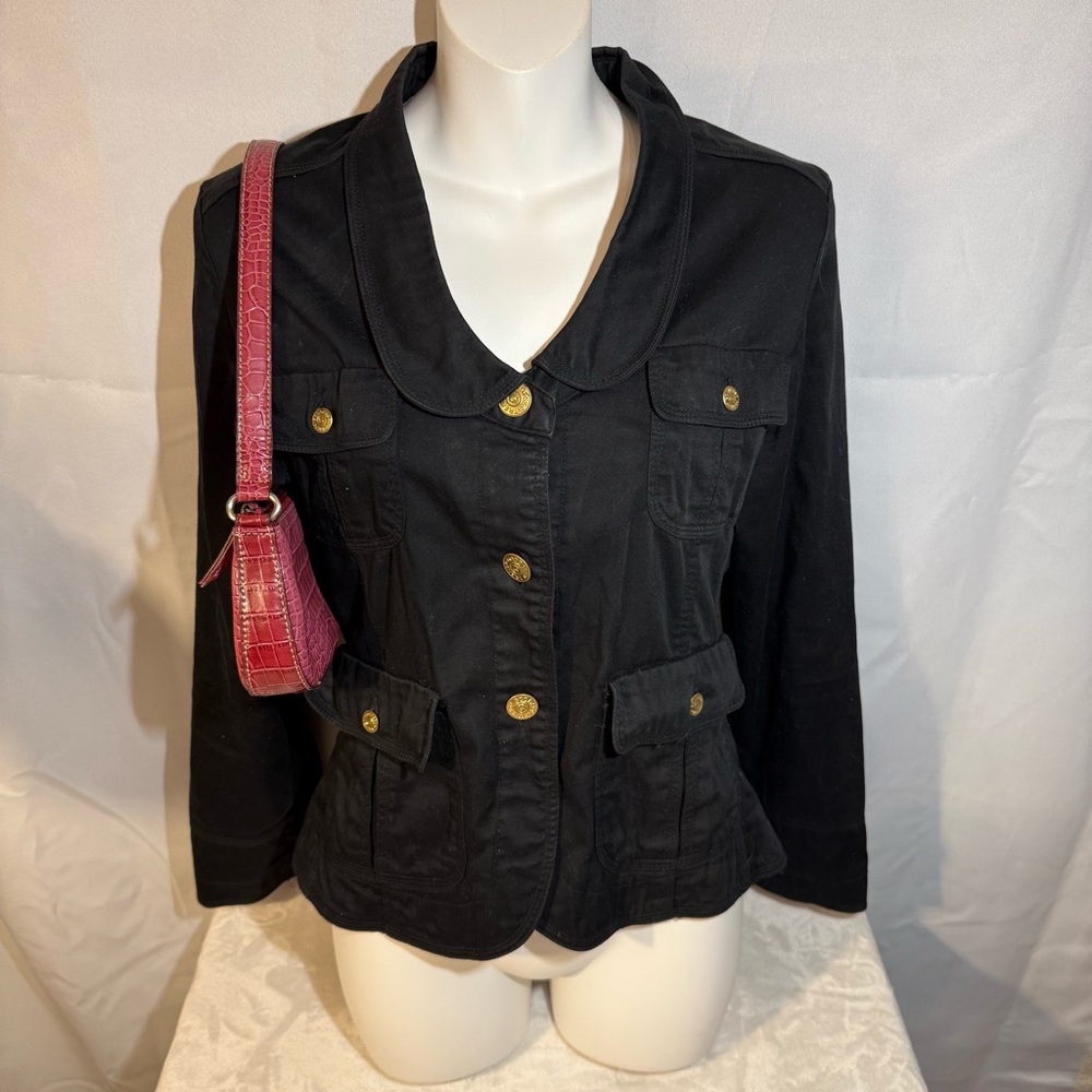 Goddess Black Military Utility Jacket Gold Buttons Fitted Stretch‎ Size M